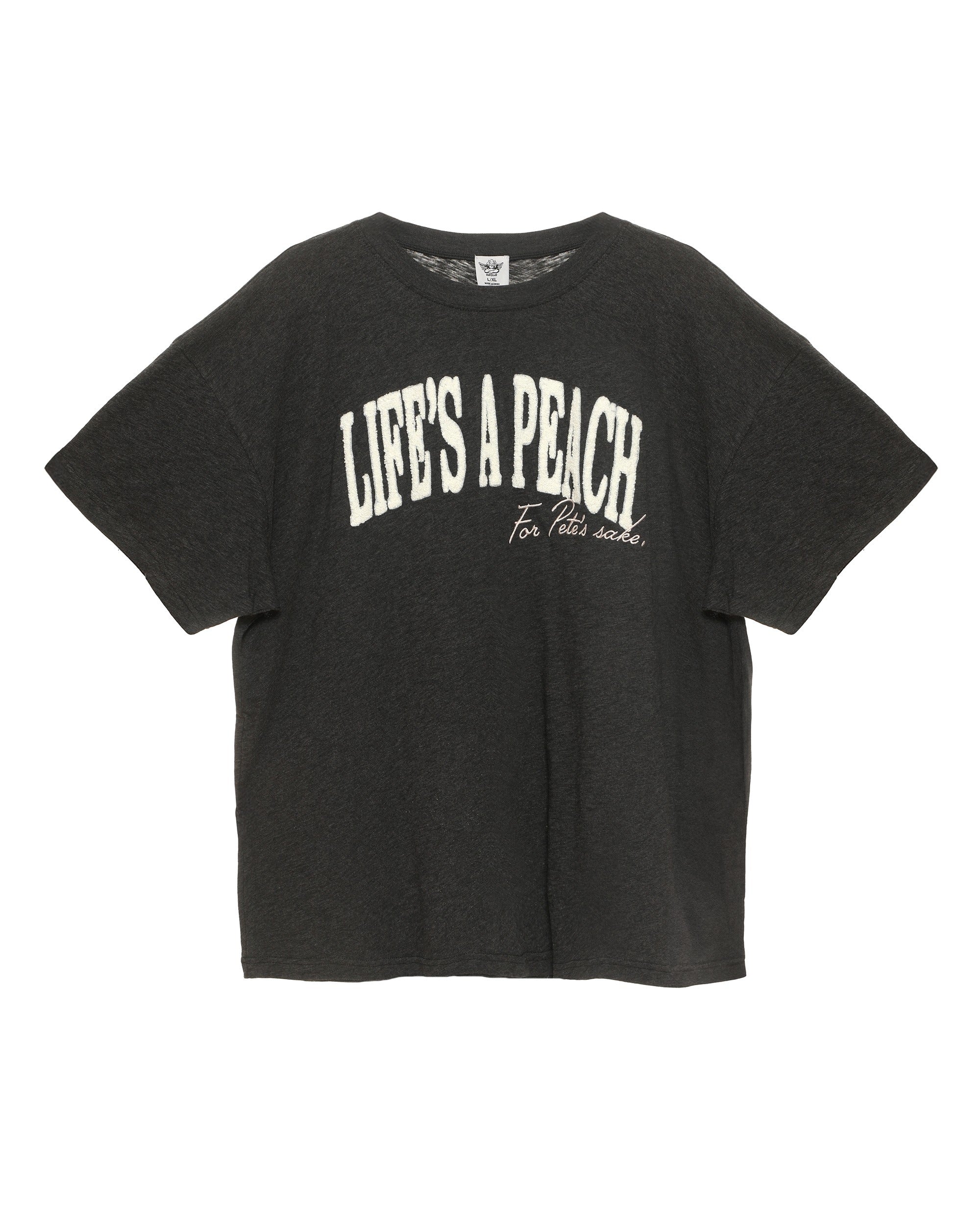 Black t-shirt with 'LIFE'S A PEACH' text on a white background