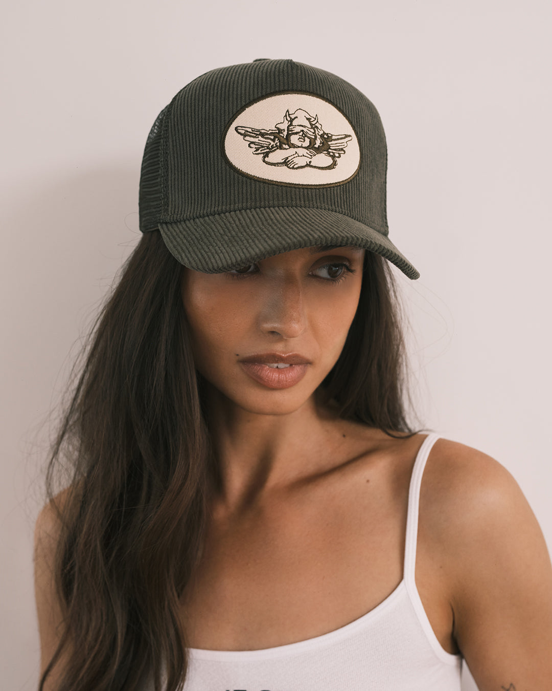 Olive Corduroy Trucker Hat