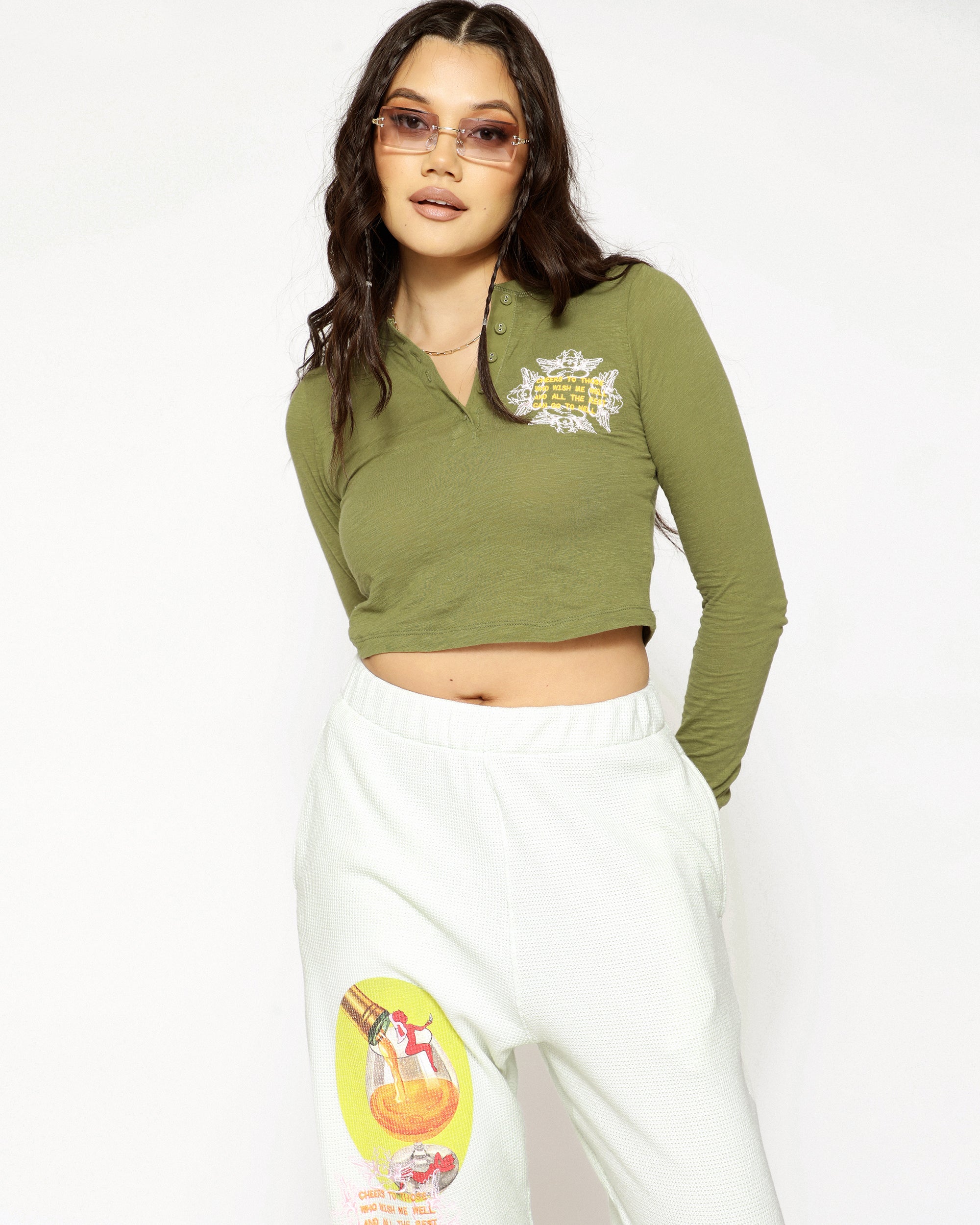 Boys Lie Olive Green Long Sleeve Crop Henley