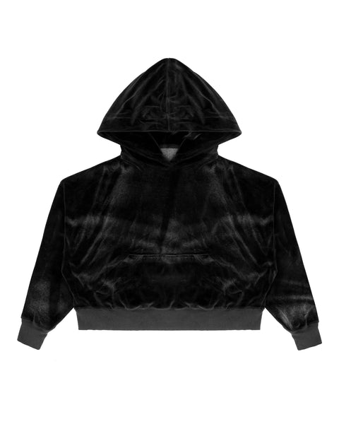 Peace of Reign: Black Velour Hoodie Crop Front