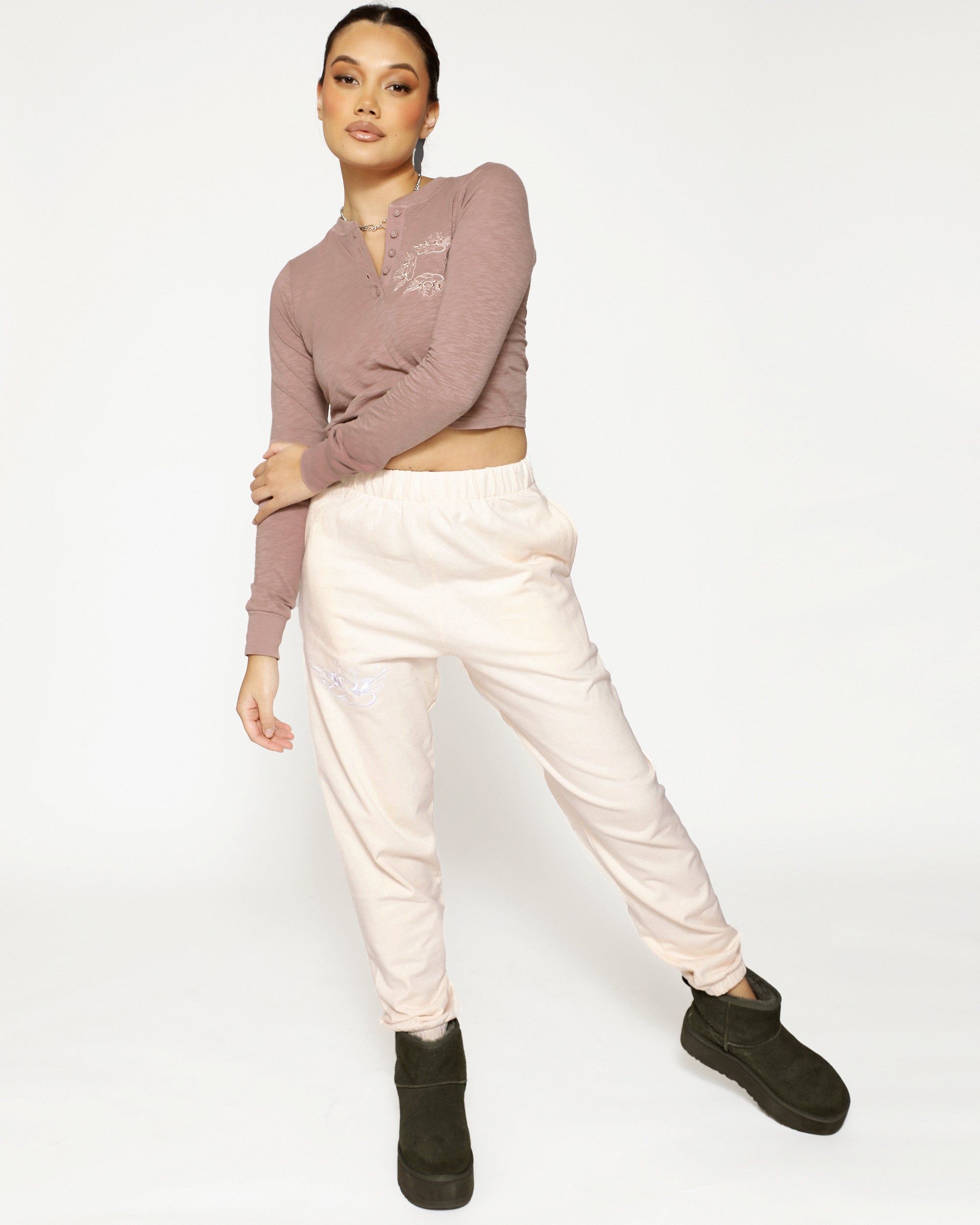 Boys Lie Dusty Taupe Long Sleeve Crop Graphic Henley