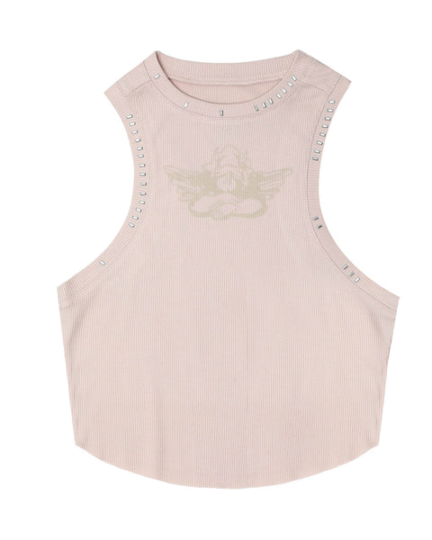 Blush Pink High Neck Ribbed Tank With Stud Details