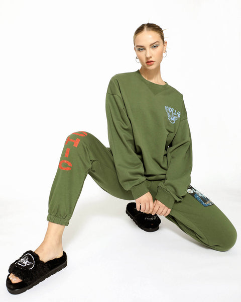Boys Lie Olive Green High Rise Sweatpants With Rhinestones